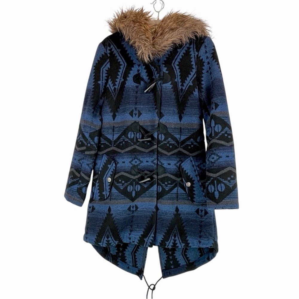 BB Dakota Aztec Southwestern Coat Jacket Faux Fur Hood Black Blue Sz S